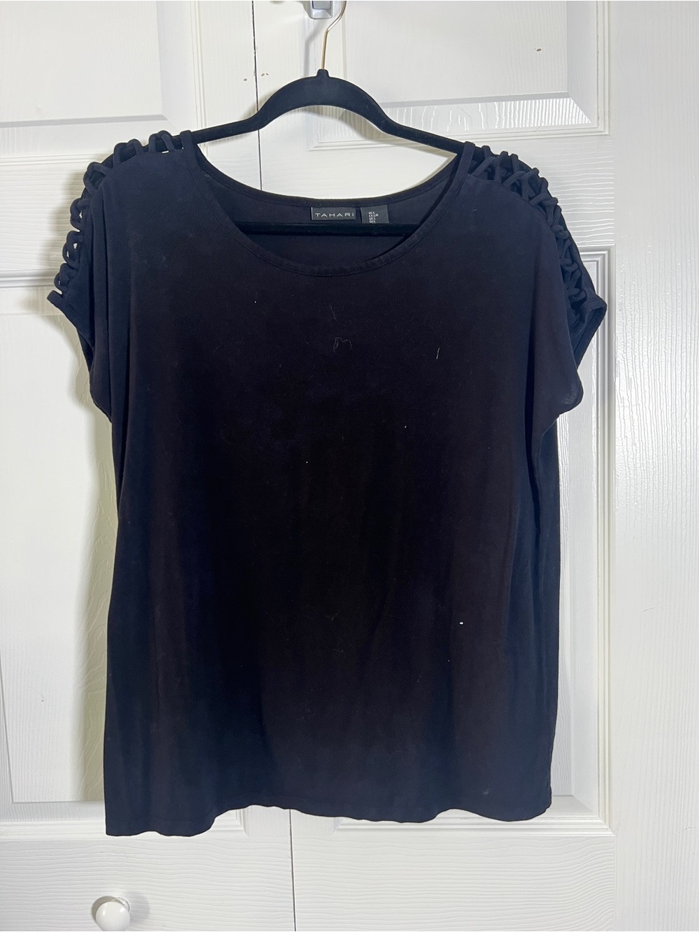 Tahari Black Short-Sleeve Top with Ladder-Shoulder Detail